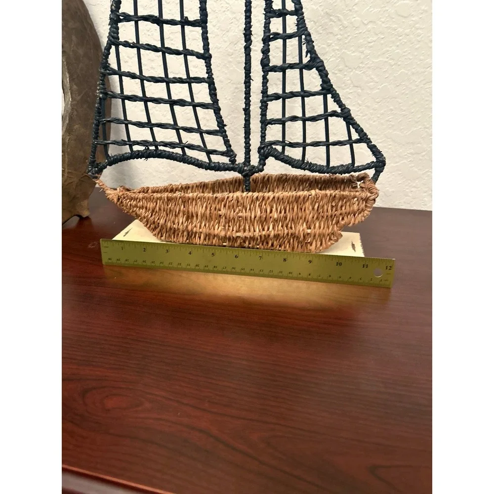 Coastal decorative tabletop accent sailboat woven seagrass hull dark blue sail